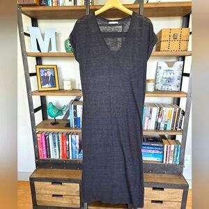 Zara Linen Cotton V-Neck Maxi Dress, Charcoal Gray, Size Small